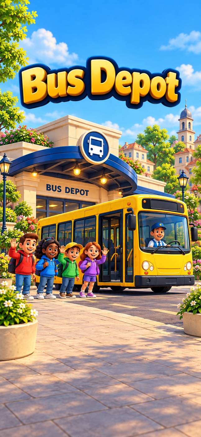 Bus Depot artwork showing a bright yellow bus outside a sunny depot